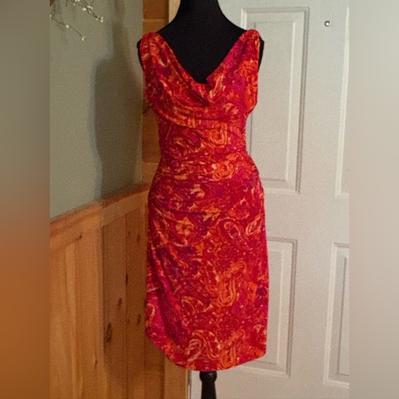 Ralph Lauren Red and Orange Sheath Dress with Cowl Neck - Picture 1 of 9